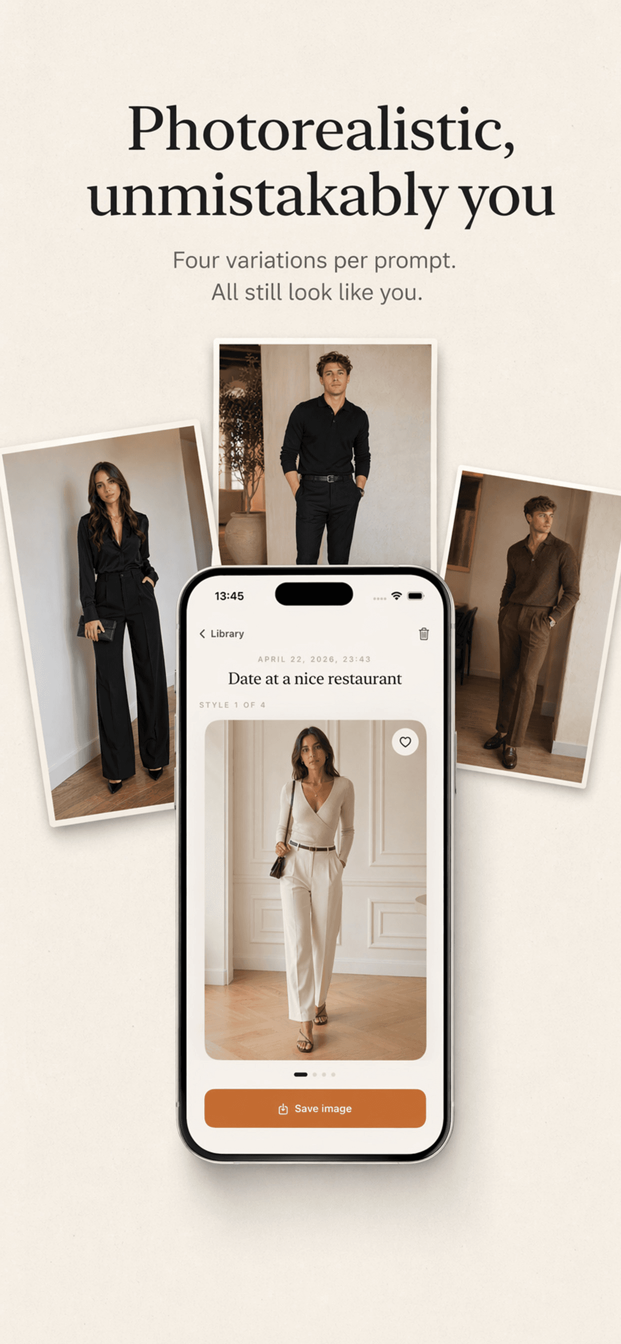 Four photorealistic outfit variations shown beside the MyStyler app